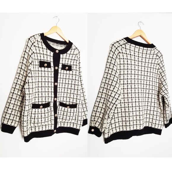 Oversized Tweed Textured Knit Cardigan Jacket Sweater OS Chunky Knit Pockets - Picture 14 of 16